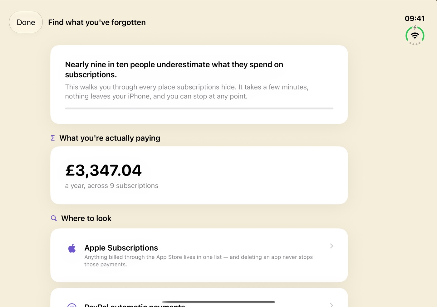 Outflow's guided audit on iPhone Duo: what you actually pay a year, and every place subscriptions hide