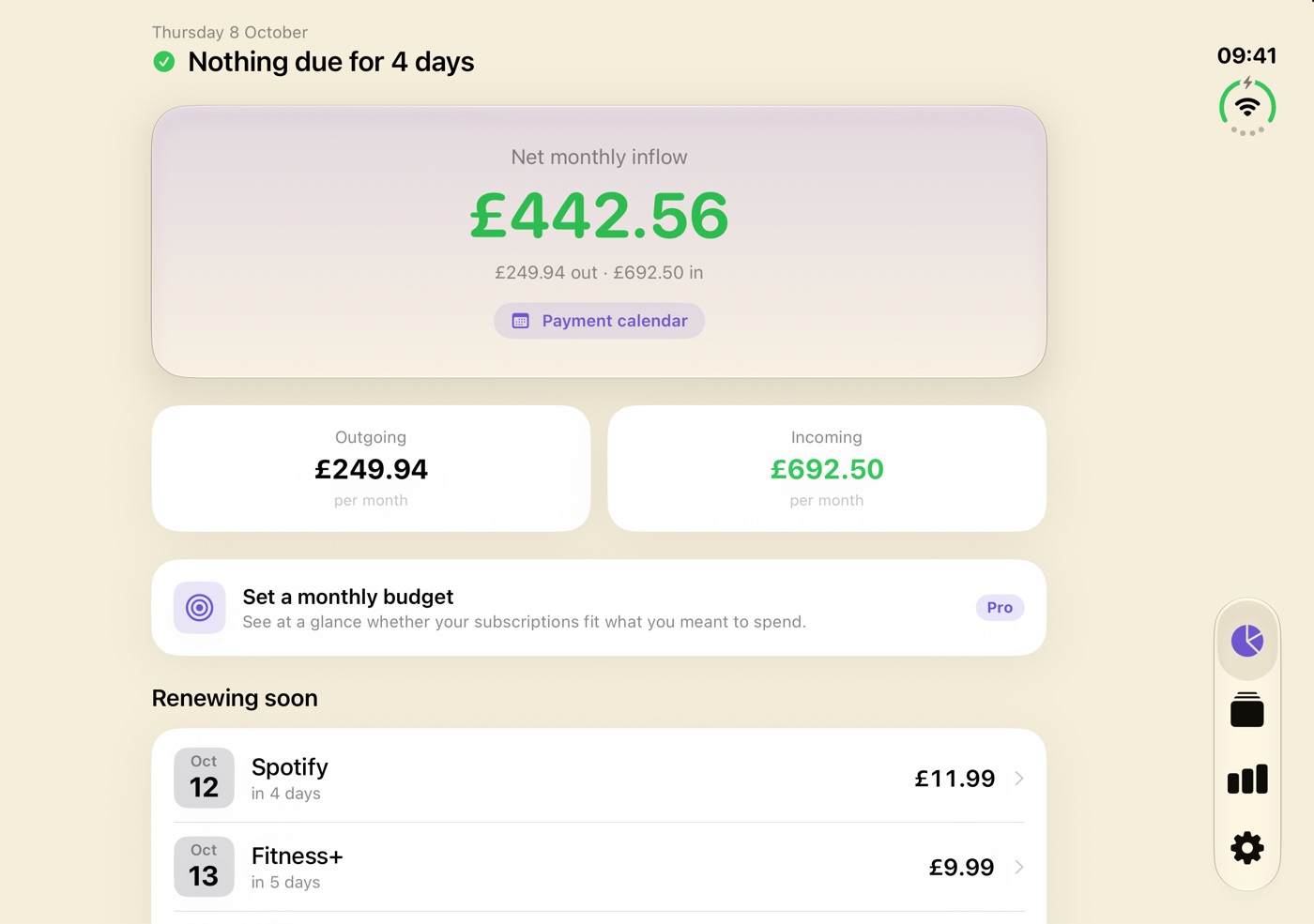 Outflow open on the iPhone Duo inner display: net monthly inflow of £442.56, outgoing and incoming totals, and subscriptions renewing soon, with the tab bar down the right-hand side