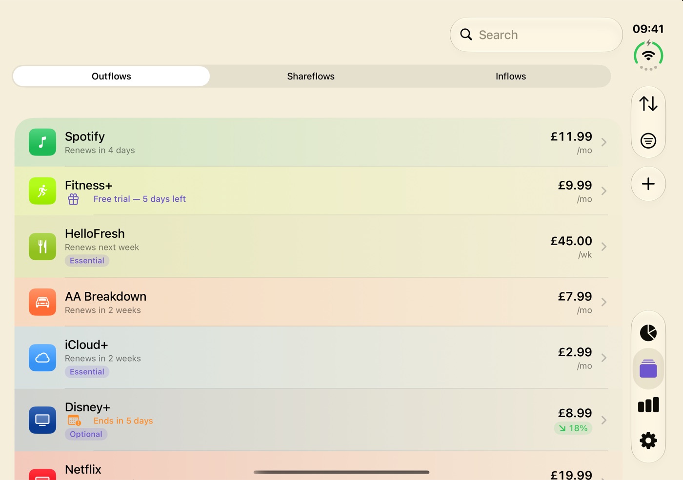 Outflow's subscription list on the iPhone Duo inner display, with a free trial flagged five days before it ends