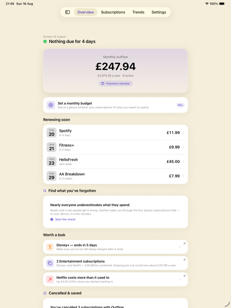 Outflow on iPad — sidebar navigation beside monthly outflow, upcoming renewals and the forgotten-subscription check
