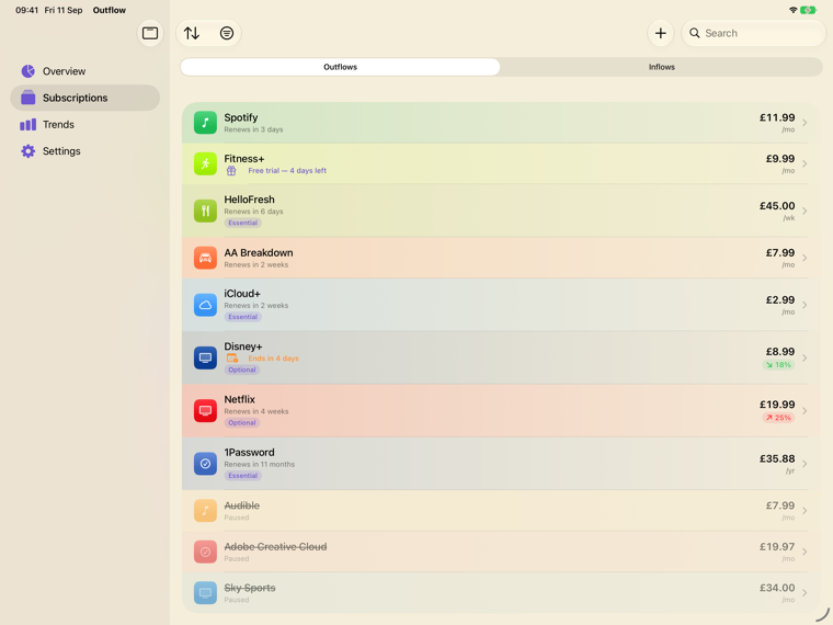 Outflow on iPad: subscription list