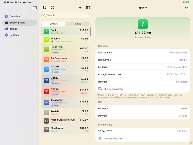 Outflow 6.0 on iPad — the colour-coded subscription list beside Spotify's detail: schedule, cost and price history