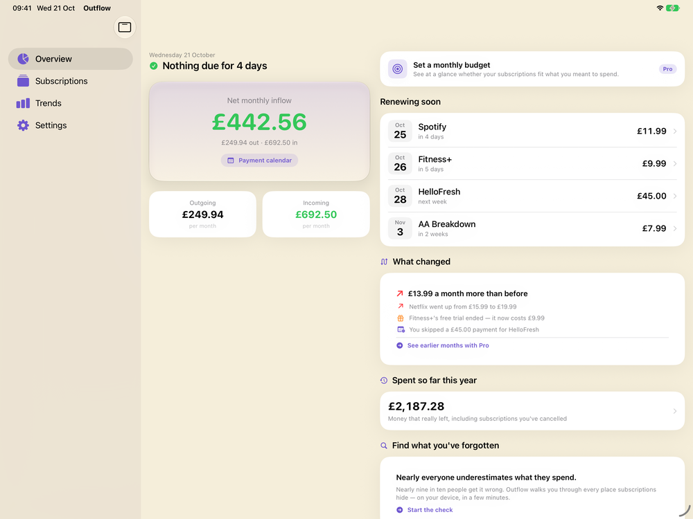 Outflow 6.0 on iPad — the sidebar, the net monthly figure with outgoing and incoming beneath it, and a second column of renewals, what changed and what you have spent this year