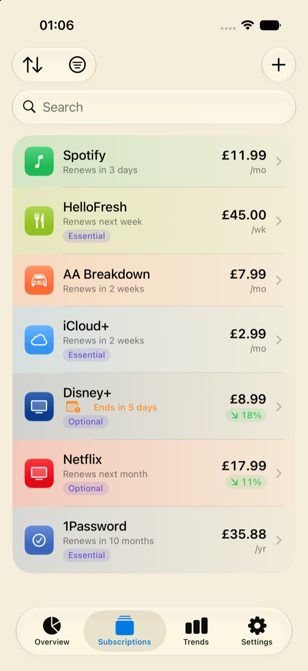 Outflow subscription list with colour-coded cards, tags and price change indicators