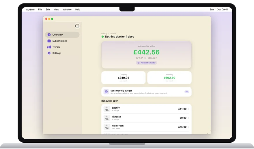 Outflow's Overview in a window on a MacBook: net monthly inflow, money out and in, and the subscriptions renewing soon