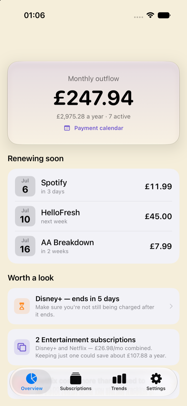 Outflow overview screen showing monthly outflow total, upcoming renewals and smart insights