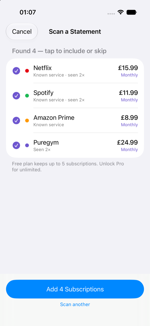 Scan a Statement — Outflow's on-device AI finds four subscriptions in a bank statement, ready to add in one tap