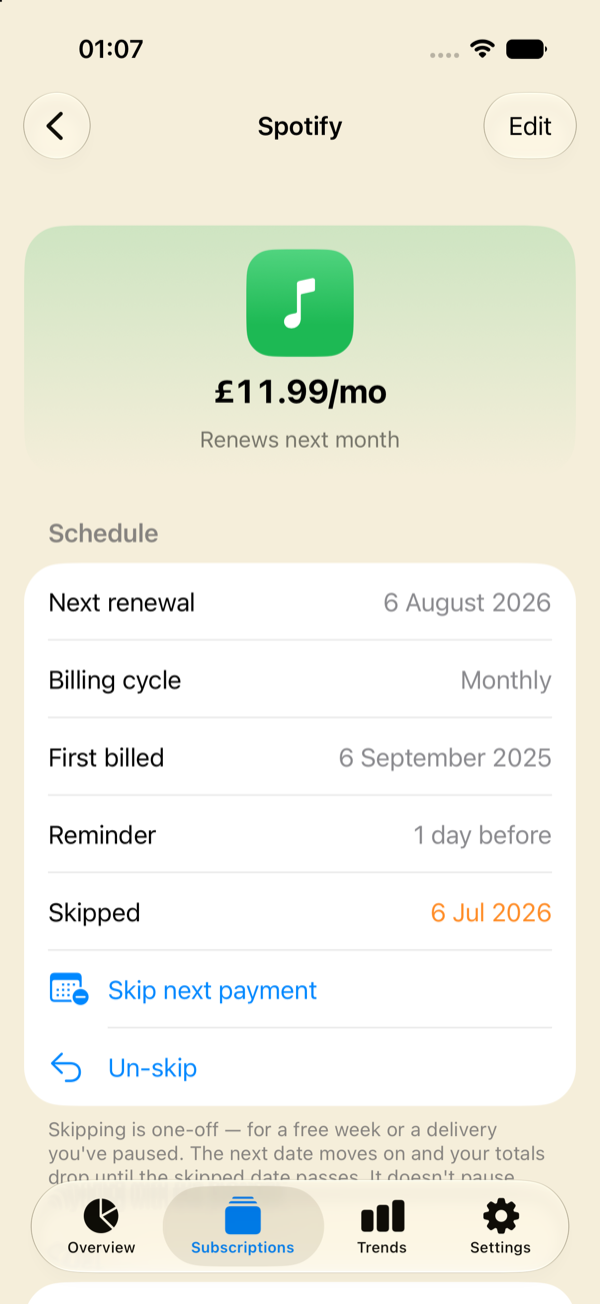 Skip a payment in Outflow — the skipped date shows in orange, the renewal moves on and totals drop