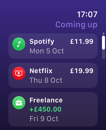 Outflow on Apple Watch: coming up list with Spotify, Netflix and freelance income, with dates