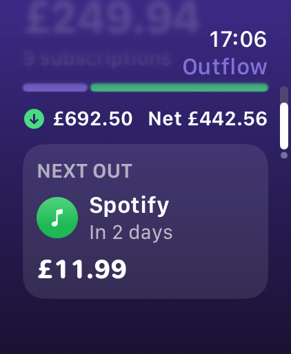 Outflow on Apple Watch: next out, Spotify, in 2 days, £11.99